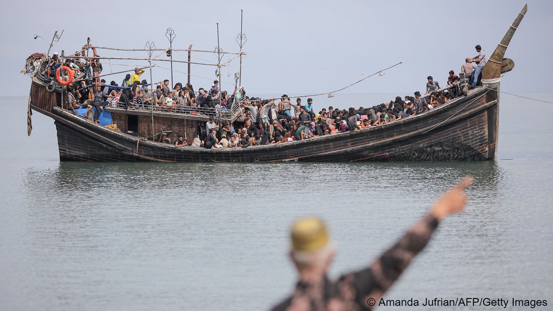 Boat overloaded with Rohingya refugees off the Aceh coast, Indonesia