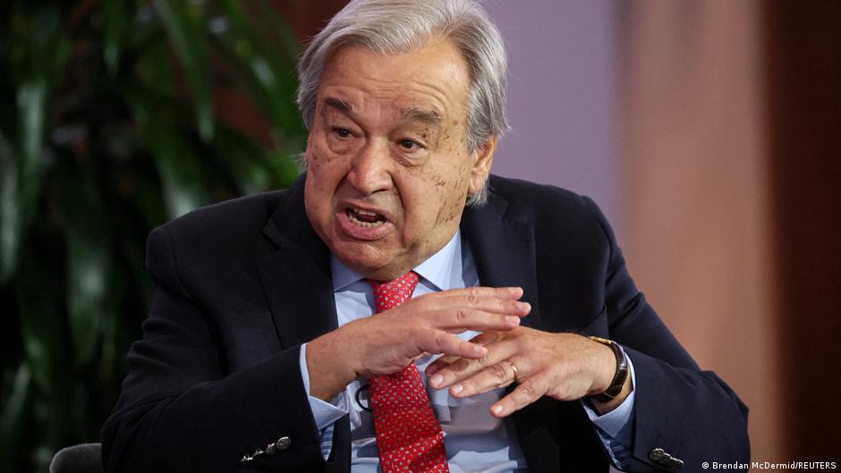 Secretary-general of the United Nations, Antonio Guterres, gesticulates with his hands while speaking at a press event