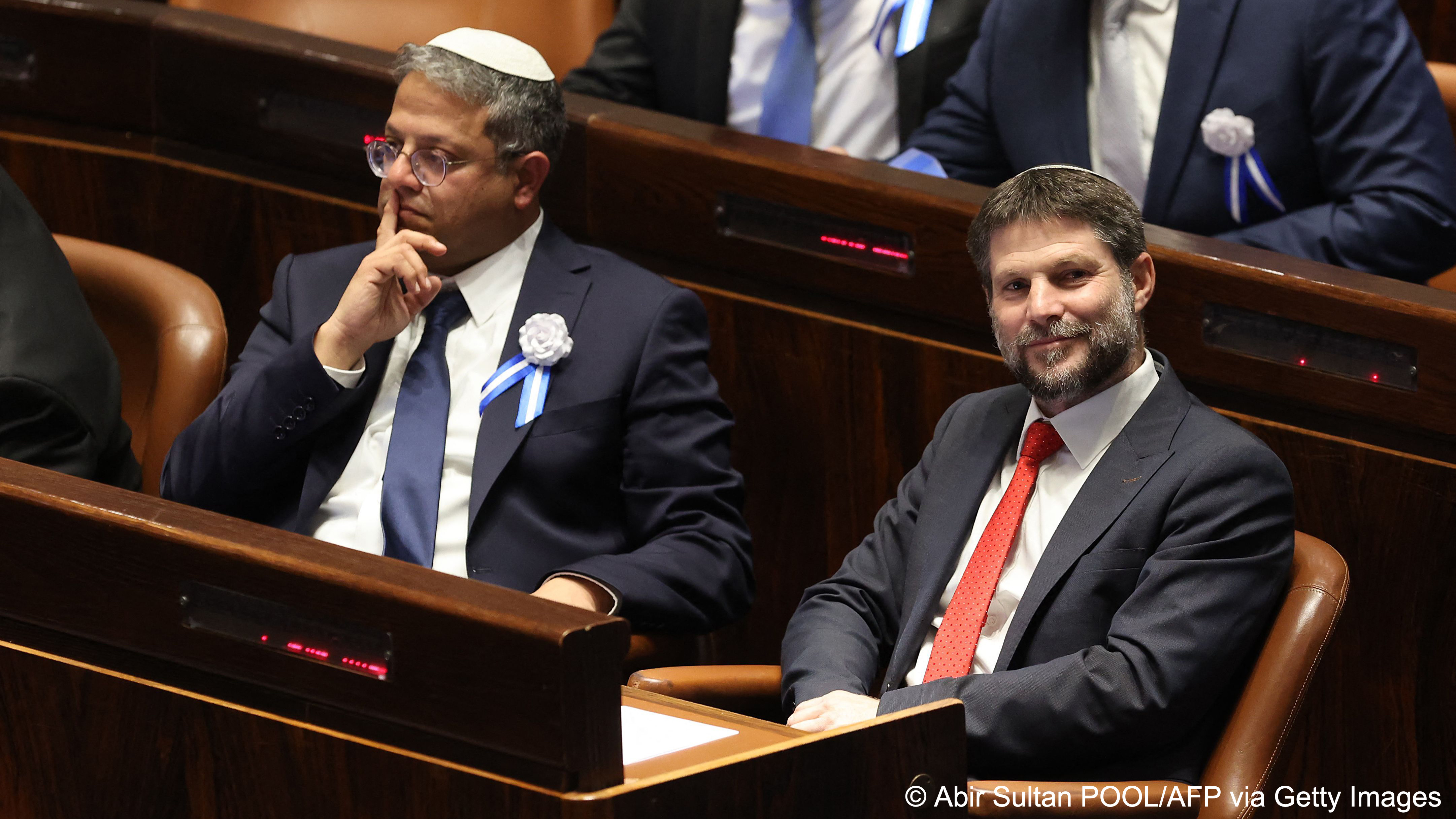 Israeli right wing Knesset member Itamar Ben Gvir (left) and Bezalel Smotrich (right) are pictured during the swearing-in ceremony of the new Israeli government at the Knesset (Israeli parliament) in Jerusalem, Israel, 15 November 2022