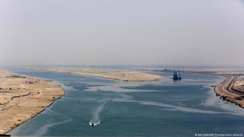 Army zodiac secures the entrance to the new section of the Suez Canal at Ismailia, Egypt