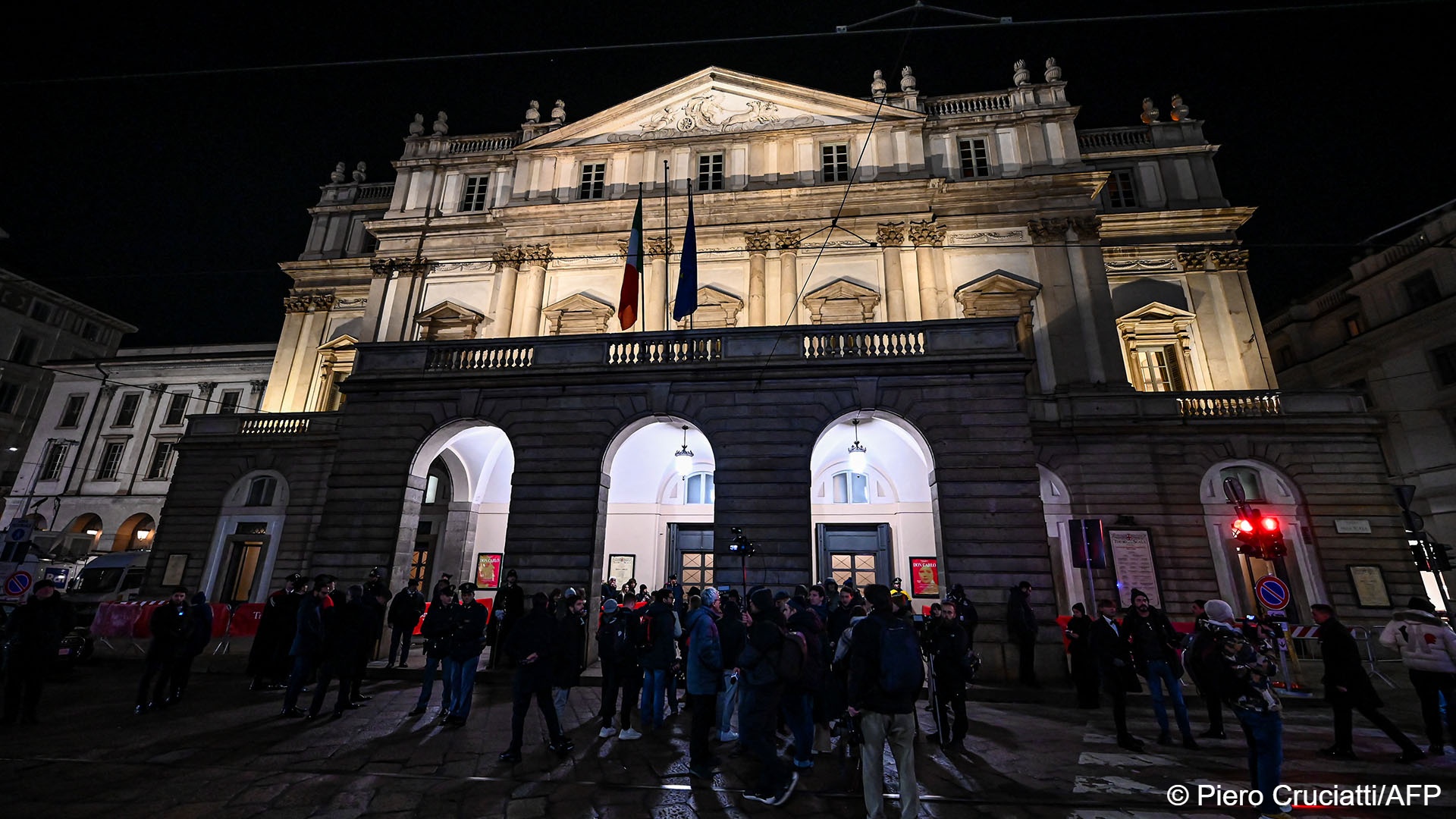 Night-time view of La Scala in Milan, one of the world's most prestigious opera houses 