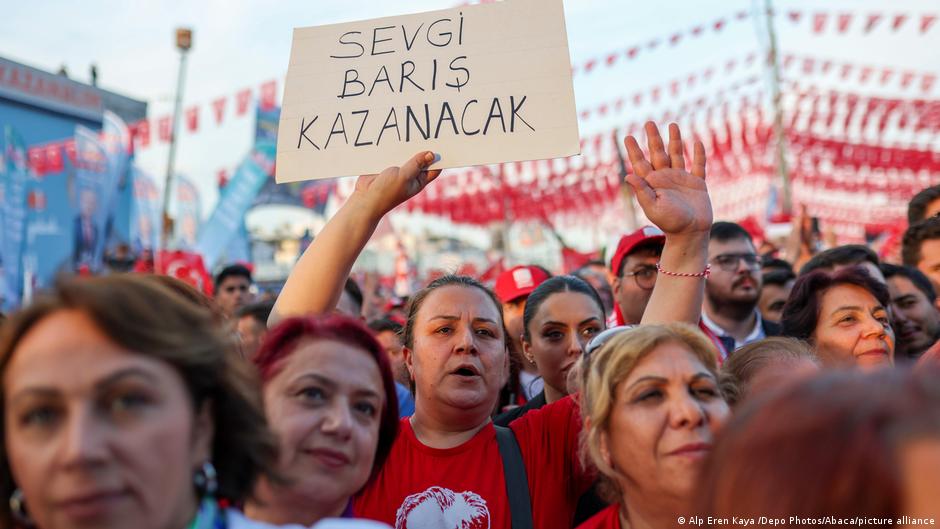 People attend a campaign event by Kemal Kilicdaroglu (not pictured), presidential candidate for the Turkish opposition's six-party alliance in May 2023