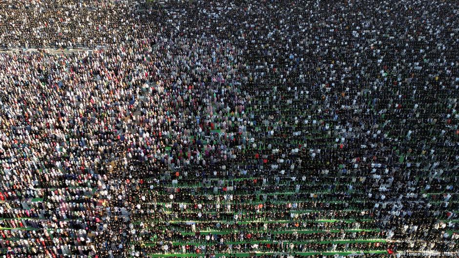 A drone view of Albanian Muslims attending Eid al-Fitr prayers to mark the end of the holy fasting month of Ramadan