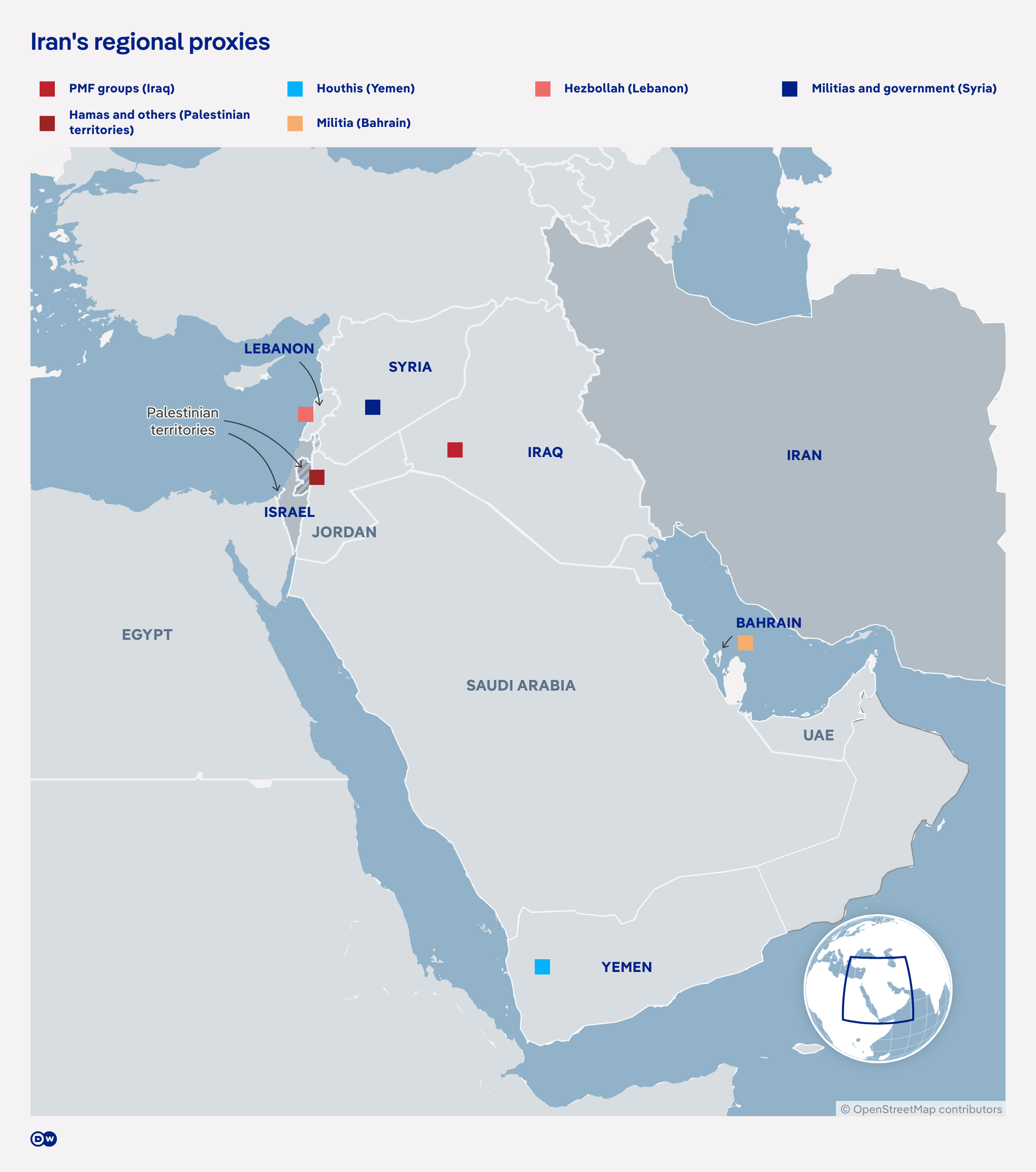 Graphic of the Middle East showing Iran's regional proxies