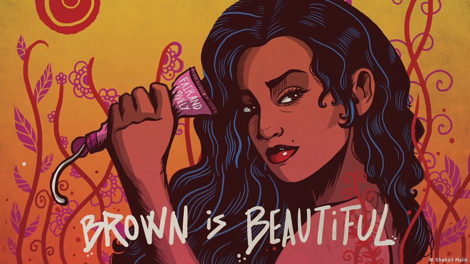 Kunstwerk von Shehzil Malik, das eine dunkelhäutige Frau zeigt und die Aufschrift 'Brown is beautiful' trägt