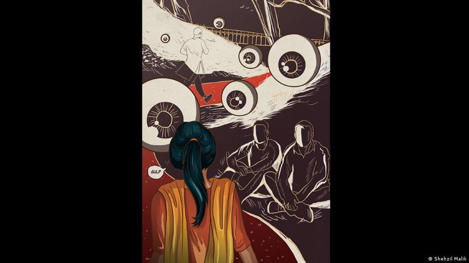 Kunstwerk von Shehzil Malik, das eine Frau von hinten zeigt, die von zwei im Schneidersitz hockenden Männern angegafft wird