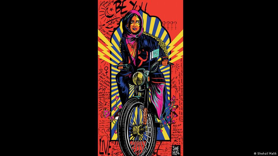 Kunstwerk von Shehzil Malik, das eine Frau mit Hijab auf einem Motorrad zeigt