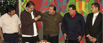 From left: Bolivia's President Evo Morales, ousted Honduras' President Manuel Zelaya, Nicaragua's President Daniel Ortega, Venezuela's President Hugo Chavez and Ecuador's President Rafael Correa (photo: AP)