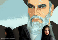 An Iranian woman in front a poster depicting Khomeini (photo: DW/dpa)