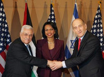US Secretary of State, Condoleeza Rice, Israeli Prime Minister Olmert and Palestinian President Abbas (photo: AP)