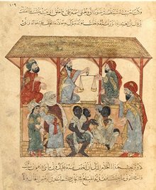 Jemenitischer Sklavenmarkt im 13. Jahrhundert, irakische Miniaturmalerei; Foto: Wikimedia Commons