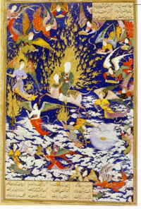 Persische Miniatur aus dem 16. Jahrhundert: Der Prophet Muhammad unternimmt seine Himmelfahrt