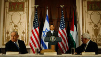 الرئيس الأمريكي باراك أوباما والرئيس الفلسطيني محمود عباس ورئيس الوزراء الإسرائيلي بنيامين نتانياهو، الصورة أ ب