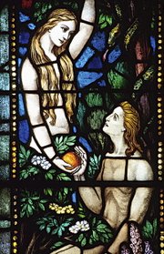 Church window motif of Adam and Eve (photo: www.religion.info)