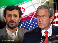 صورة رمزية الرئيس الإيراني احمدي نجاد، والرئيس الأمريكي بوش، الصورة: أ.ب