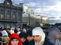 مظاهرة لبض المسلمين البلجيكيين أمام مبنى الاتحاد الأوربي في بركسل احتجاجا على مشروع منع الحجاب في المدارس البلجيكية