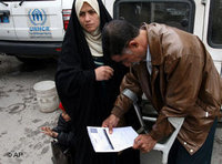 عراقي وزوجته أمام مكتب مفوضية الأمم المتحدة للاجئين في دمشق، الصورة: أ ب