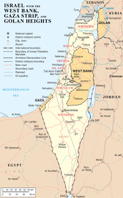 Map of Israel, the Palestinian territories (West Bank and Gaza Strip), the Golan Heights, and portions of neighbouring countries. Also United Nations deployment areas in countries adjoining Israel or Israeli-held territory, as of January 2004 (source: UN/Wikipedia)