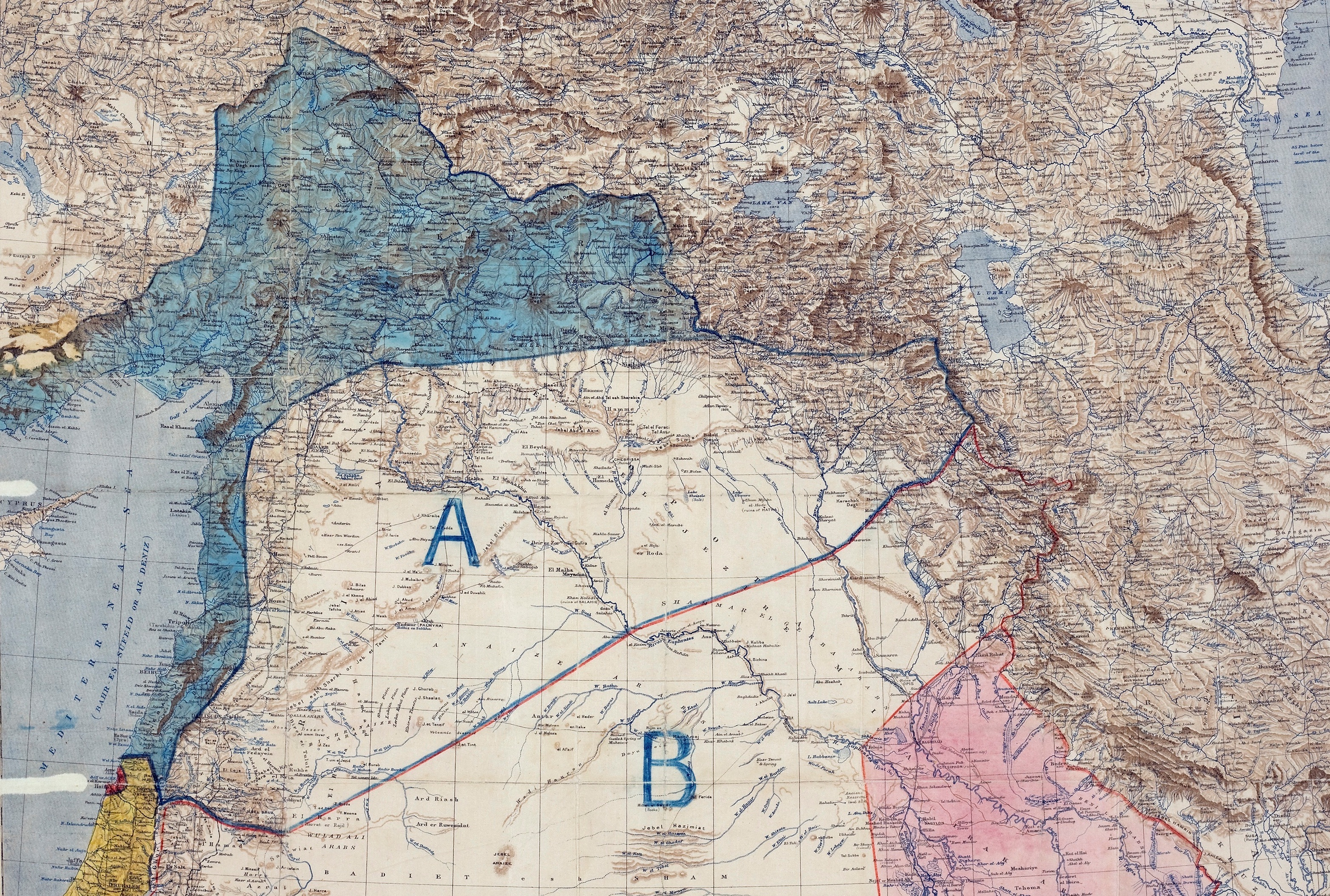 Map of Sykes-Picot Agreement showing Eastern Turkey in Asia, Syria and Western Persia, and areas of control and influence agreed between the British and the French. Royal Geographical Society, 1910-15. Signed by Mark Sykes and François Georges-Picot, 8 May 1916 (image: The National Archives, UK – public domain)