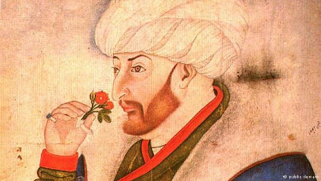 Illustration showing Sultan Mehmed II smelling a rose, from the Sarayi Albums.