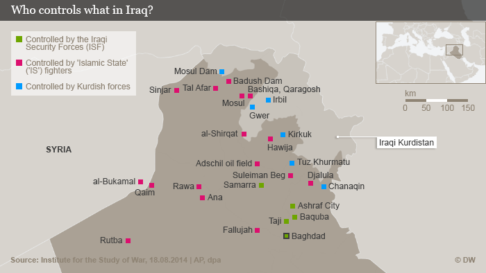 Map showing the areas of Iraq controlled by the ISF, IS and the Kurdish forces (source: DW)