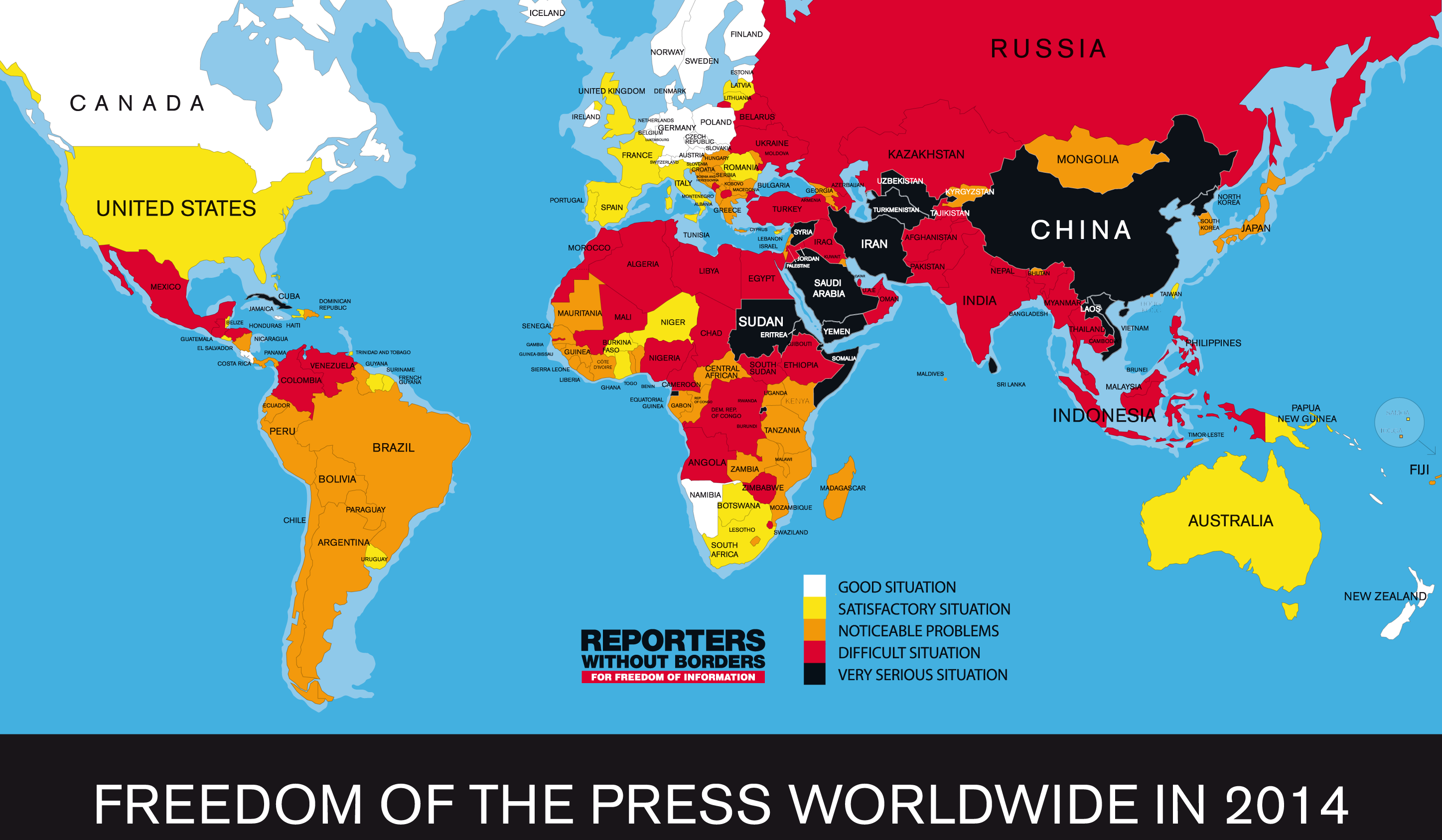 "Reporter ohne Grenzen"-Rangliste der Pressefreiheit 2014; Quelle: Reporter ohne Grenzen