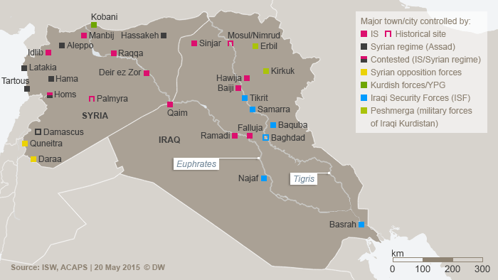 Map showing the distribution of control in Syria and Iraq as at 20 May 2015 (source: DW)
