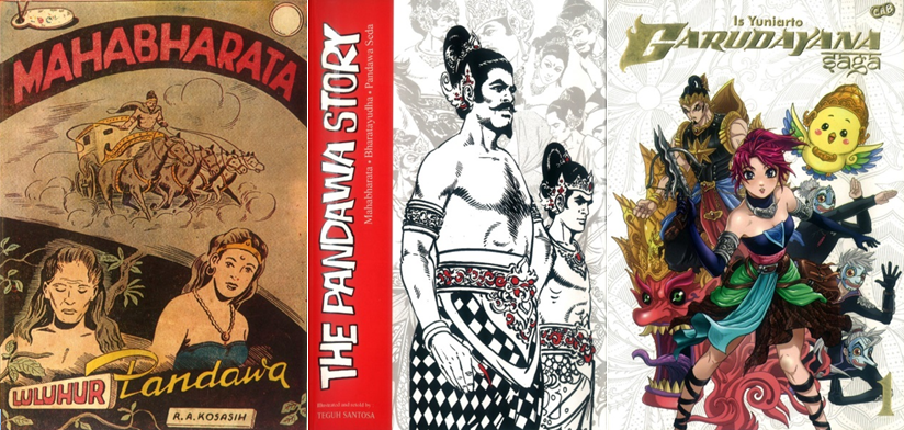 Von links nach rechts: 1956 Mahabharata von R.A. Kosasih; im Original aus dem Jahr 1984, Teguh Santosas "The Pandawa Story" - neu aufgelegt aus dem Jahr  2013 auf Englisch; die im Manga-Stil gehaltene "Garudayana Saga" von Is Yuniarto (2013).