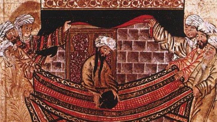 The  prophet Mohammed lays the black stone on a carpet held by four men representing the four tribes (photo: public domain)