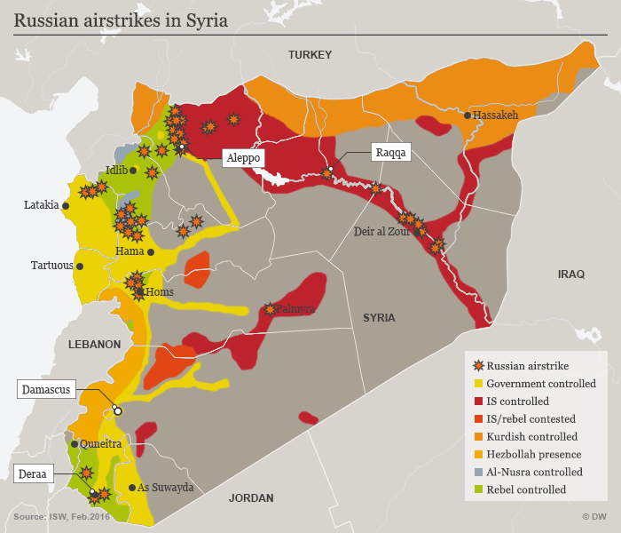Karte der russischen Luftangriffe in Syrien; Quelle: DW