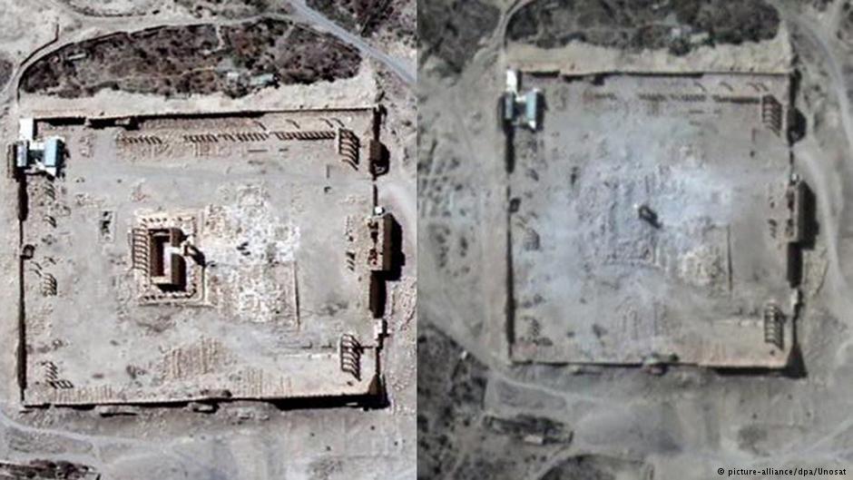 Der Baal-Tempel in Palmyra: vor (links) und nach (rechts) der Zerstörung durch den IS; Foto: picture-alliance/dpa