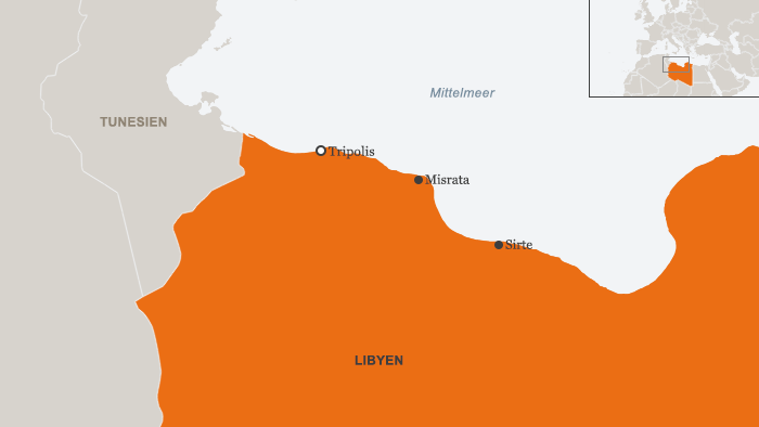 Karte Libyens mit den Städten Sirte, Tripolis und Misrata; Quelle: DW