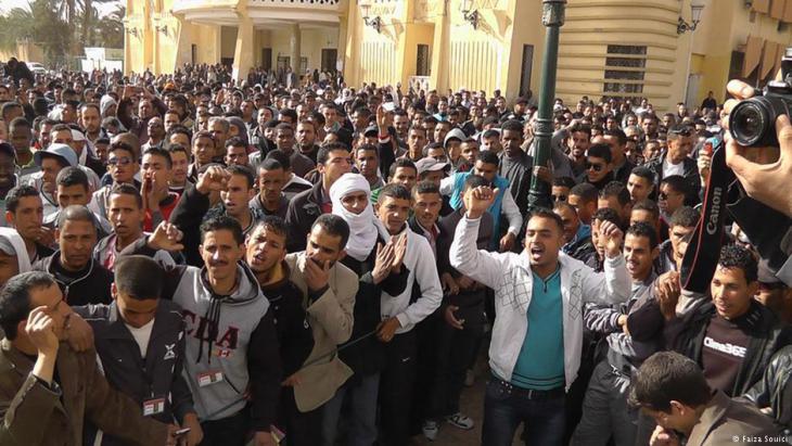 Young men demonstrating against poverty and unemployment in the southern Algerian town of Ouargla (photo: Faiza Souici)