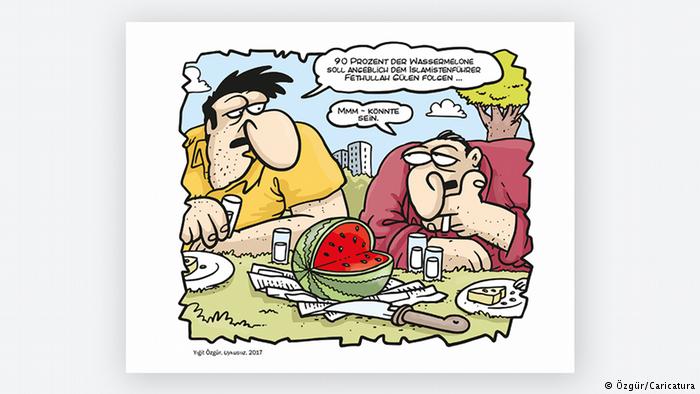 Cartoon by Yigit Ozgur, two men and a watermelon (photo: Ozgur/Caricatura)