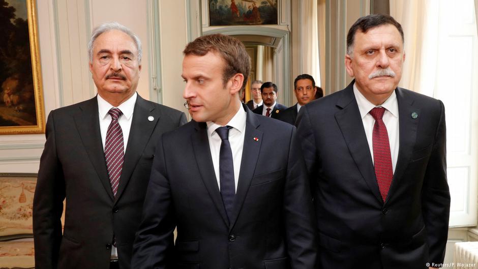 In Paris for peace talks, July 2017. French President Emmanuel Macron is flanked in Paris by Libyan Prime Minister Fayez al-Sarraj of the Government of National Accord (left) and General Khalifa Haftar, head of the Libyan National Army (photo: Reuters)