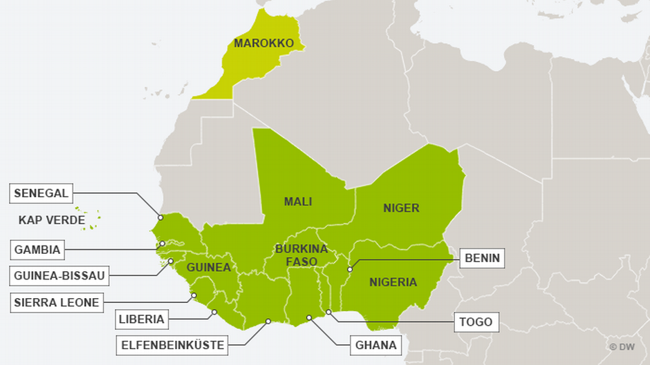 Die Mitgliedsländer der ECOWAS in Westafrika; Quelle: DW