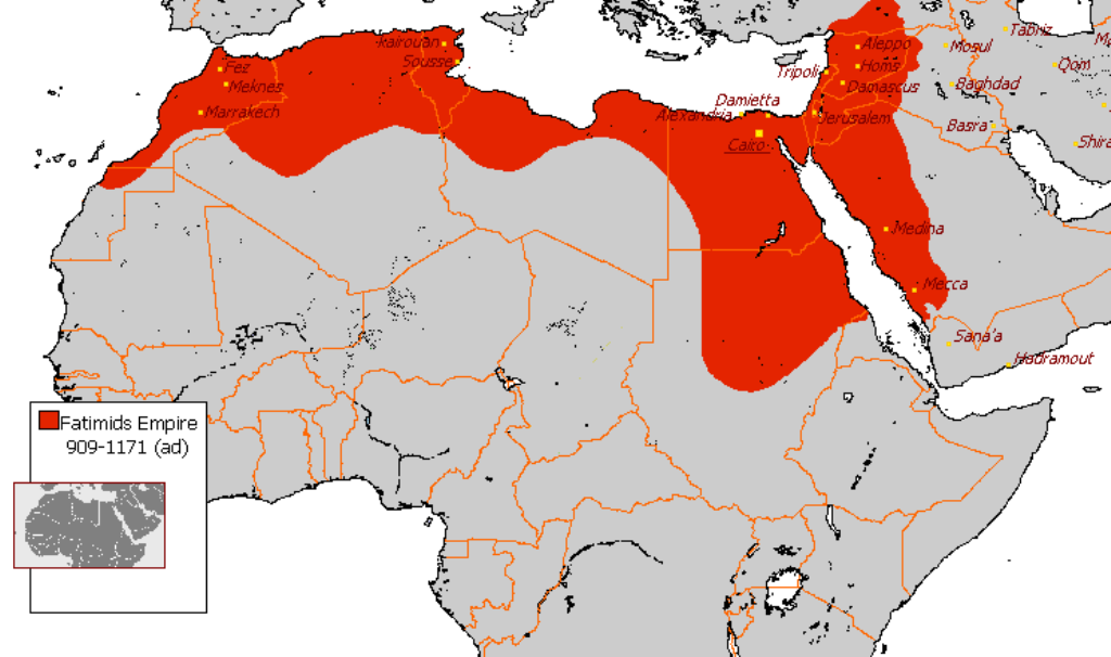 Karte zeigt den Herrschaftsbereich der Fatimiden in Nordafrika und Ägypten; Foto: wikimedia