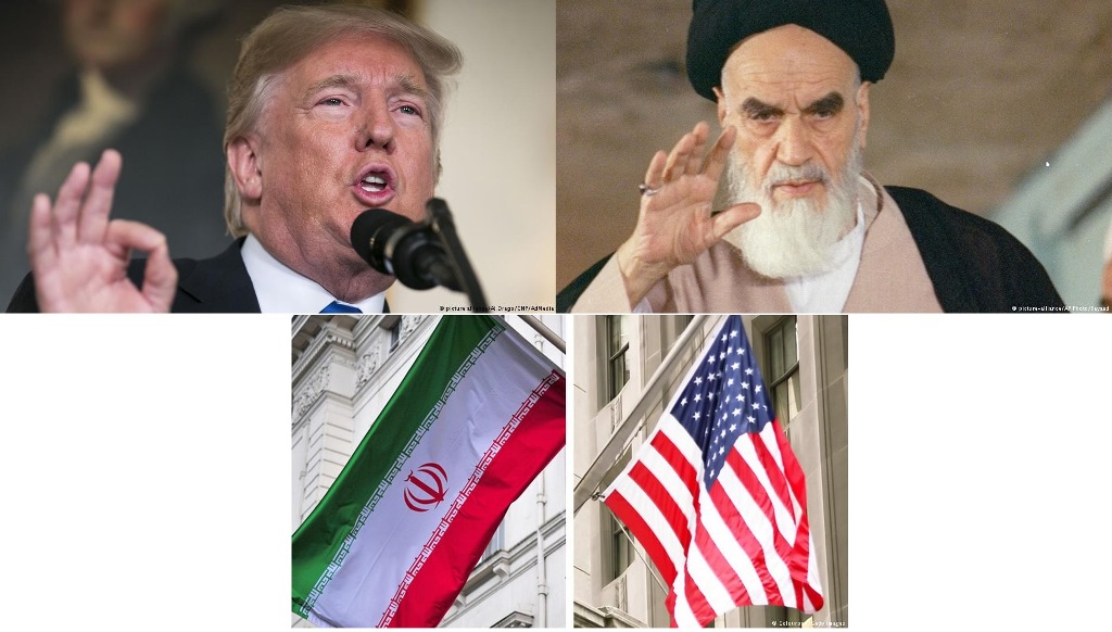 ثلاث صور يظهر فيها: ترامب والخميني والعلمين الأمريكي الإيراني.