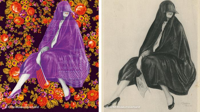 Two images side by side, one in colour, one in black and white, show a woman wearing heels covered in a scarf (photo: KHM-Museumsverband)