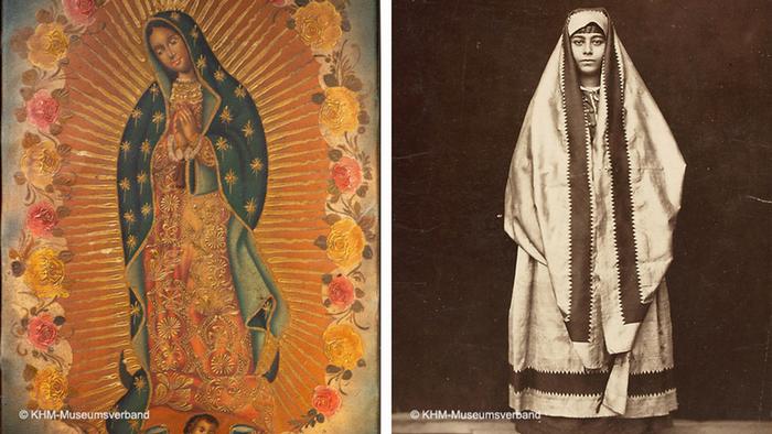 The virgin of Guadeloupe on the left shows the Virgin mary praying while wearing a veil while on the right a photograph shows a woman draped in cloth that covers her head as she looks straight at the camera (photo: KHM-Museumsverband)
