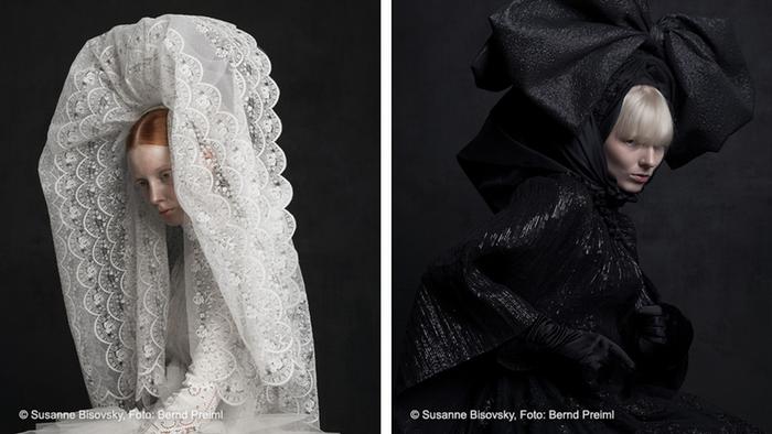 A photograph shows a woman wearing a long lacey veil, while another shows a woman in all black with a giant bow on her head (source: Susanne Bisovsky; photo: Bernd Preiml)