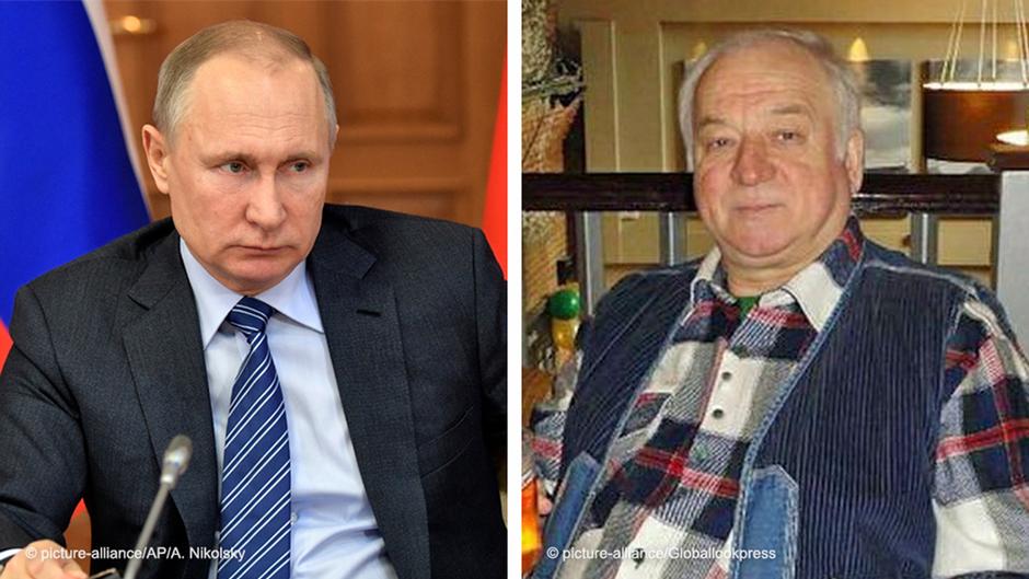 Montage of two images showing Russian President Vladimir Putin on left; Sergei Skripal, former Russian double agent, victim of an attempted poisoning in Salisbury, allegedly ordered by the Kremlin, on the right (photos: picture-alliance/AP/A. Nikolsky; picture-alliance/Globallookpress) 