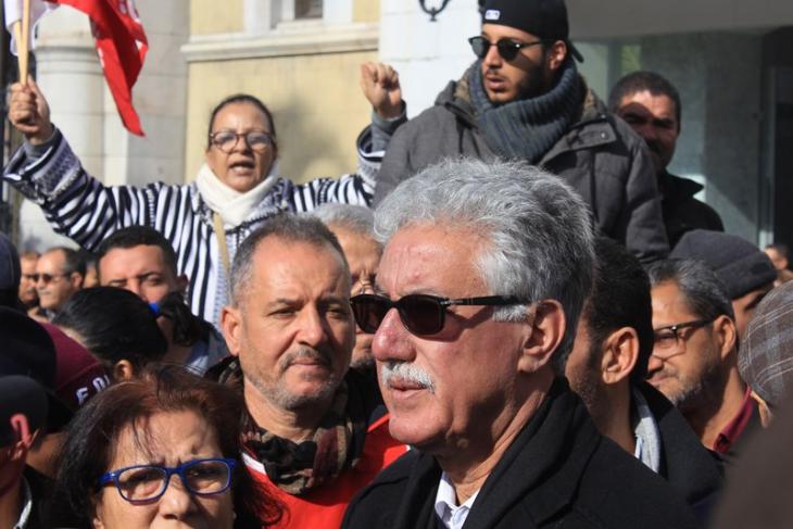 Hamma Hammami attending a demonstration in downtown Tunis during the general strike (photo: Sofian Philip Naceur)