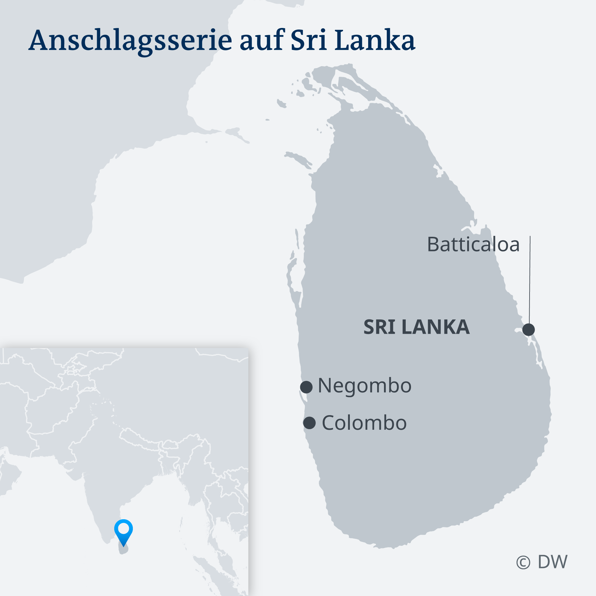 Mindestens acht Detonationen ereigneten sich im Zentrum und Vororten der Hauptstadt Colombo und zwei weiteren Orten. Grafik: DW