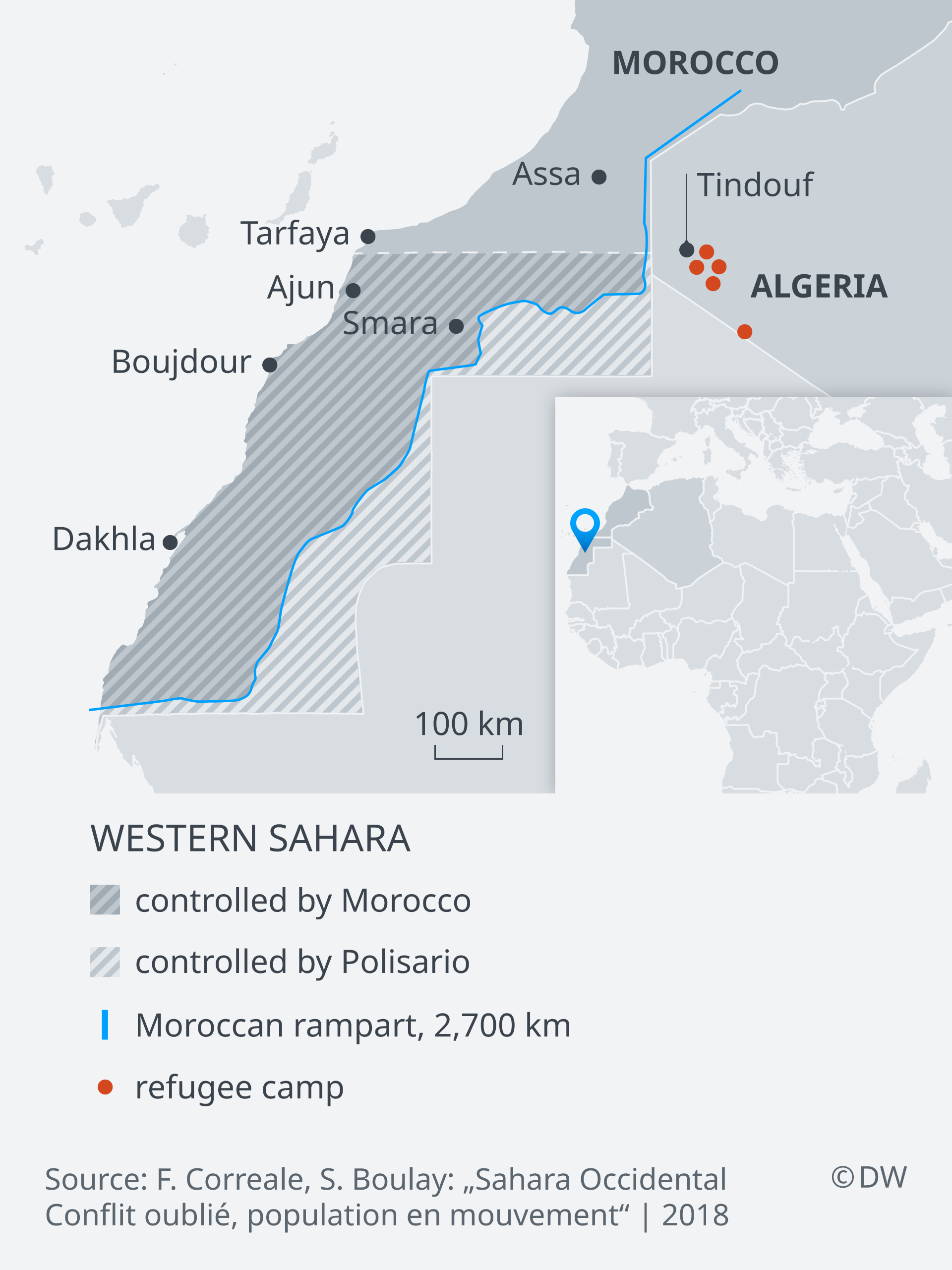 Map of Western Sahara and the neighbouring North African states (sources: DW)