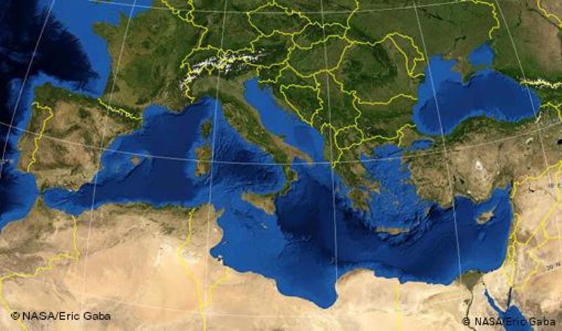 Karte Mittelmeeranrainerstaaten mit Ländergrenzen (EU-Maghreb); Foto: NASA/Eric Gaba