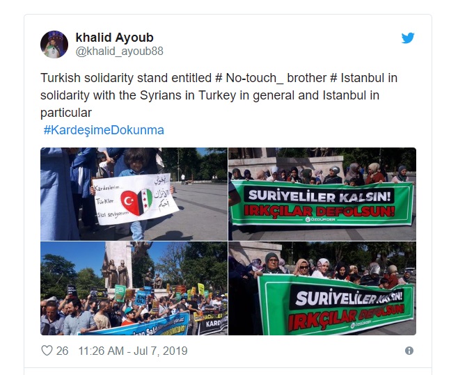 ناشطون أتراك أطلقوا وسما بعنوان: KardeimeDokunma# أو "لا تلمس أخي" لرفض الاعتداء على السوريين وتشجيع المزيد من الأتراك على التضامن معهم. 