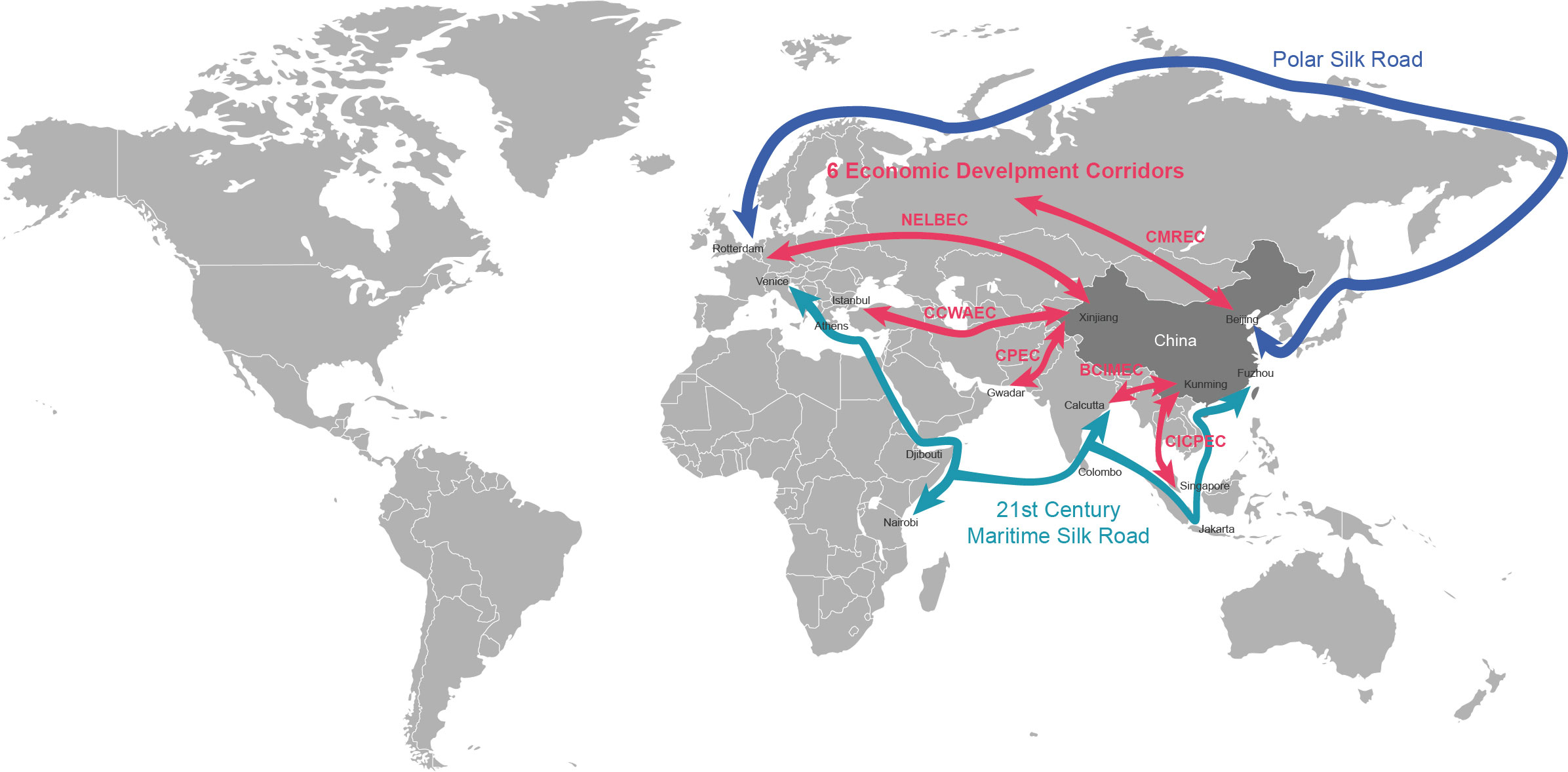 خريطة توضح التطور المتوقع لمبادرة الحزام والطريق الصينية. (source: beltroad-initiative.org)