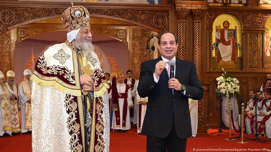 Egyptian Coptic Pope Tawadros II (left), Pope of the Coptic Orthodox Church of Alexandria, and Patriarch of Saint Marc Episcopate receives Egyptian President Abdul Fattah al-Sisi (right), at the new Coptic Cathedral ''The Nativity of Christ'', in Cairo, Egypt, 6 January 2018 (photo: picture-alliance/Zumapress/Egyptian President Office)
