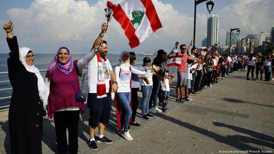 Lebanese protesters form a human chain on the promenade in Beirut on 27 October 2019 (photo: picture-alliance/AP)